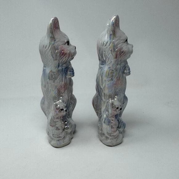Vintage Pearl Lustreware Porcelain Pink & Blue Cat with Kitten Statue Set of 2 - Picture 2 of 9